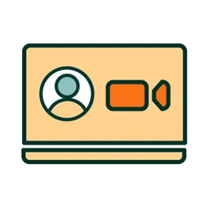 Video call graphic with user icon and camera symbol.